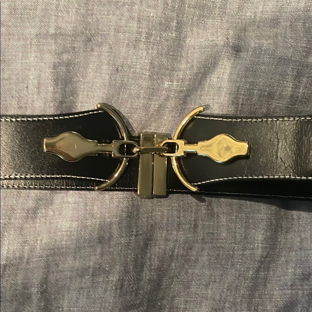 J. McLaughlin Black Leather Belt with Gold Horsebit Buckle